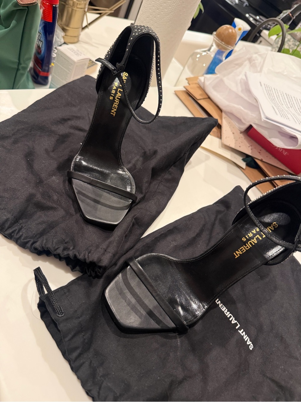 Saint Laurent Black Studded Ankle-Strap Heels